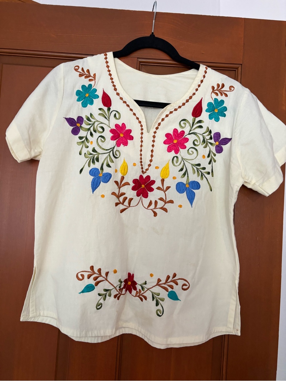 Cream Embroidered Floral Peasant Top